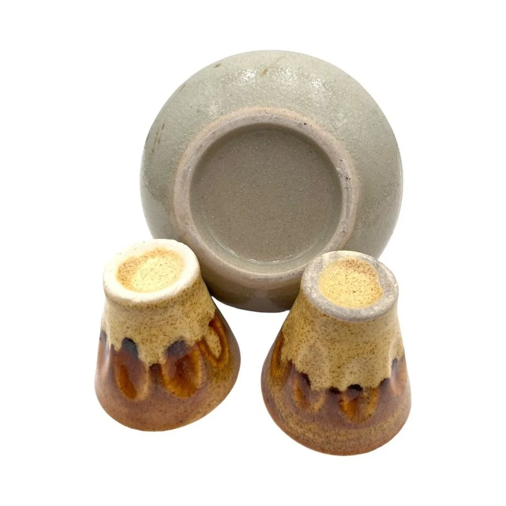 Japanese Pottery Stoneware Sake Set Carafe Two Cups Earth Tone Sage Green Tan
